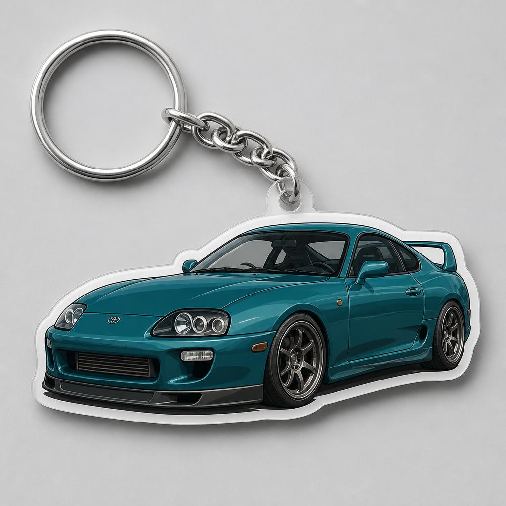 Acryl sleutelhanger met een uitgesneden sportauto en zilveren sleutelring